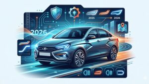 Современная иллюстрация тюнинга оптики Lada Vesta в стиле 2026 года для магазина аксессуаров
