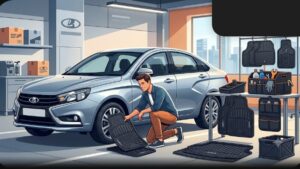 Современные коврики и органайзеры для салона Lada Vesta на светлом фоне в минималистичном стиле